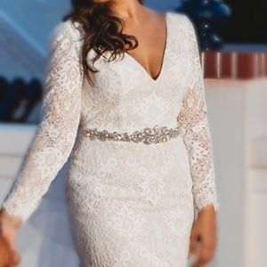 Wedding Dress Gown Pronovias Barcelona Lace Long Sleeve Mermaid V Neck